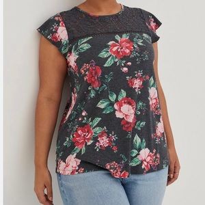 Torrid Textured Floral Crew Neck‎ Lace Pieced Tie Back Top Grey Pink 1X